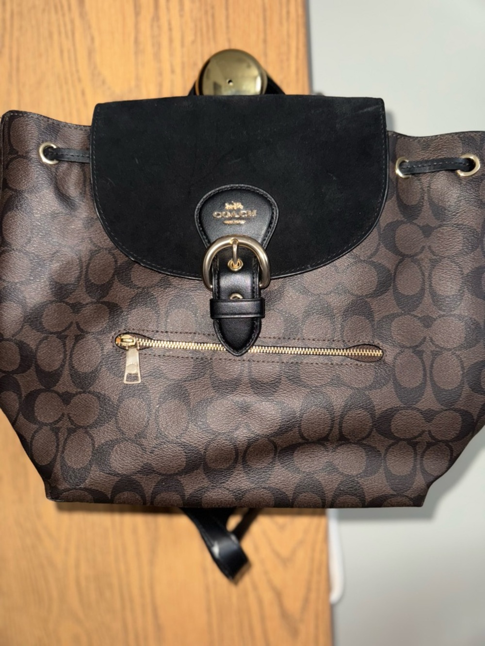 Coach Brown Signature Canvas Backpack with Black Suede Flap